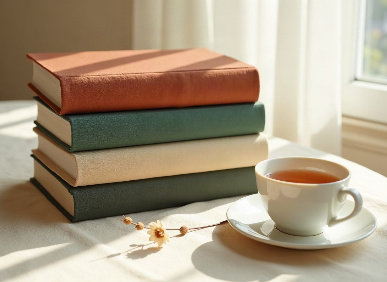 Çay fincanı yanında üst üste bez ciltli romanlar
