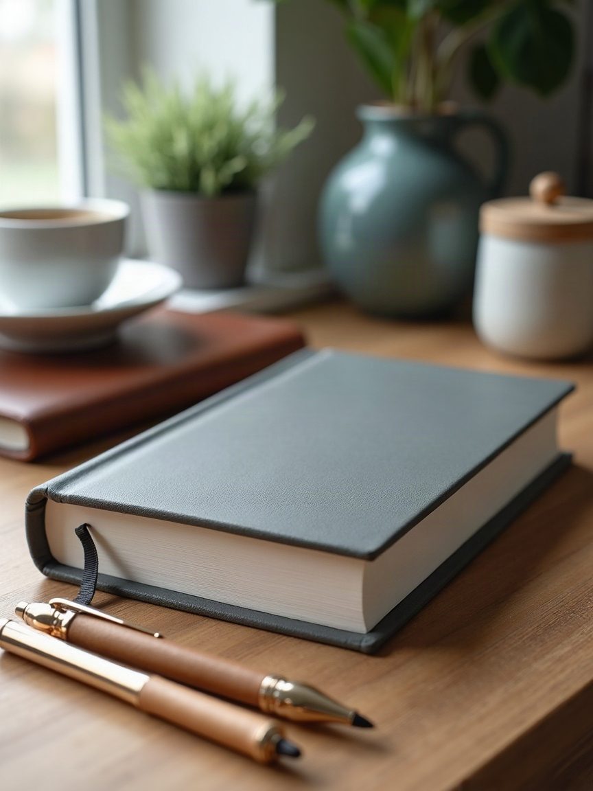 Meşe masada iş kitabı, defter ve dolma kalem
