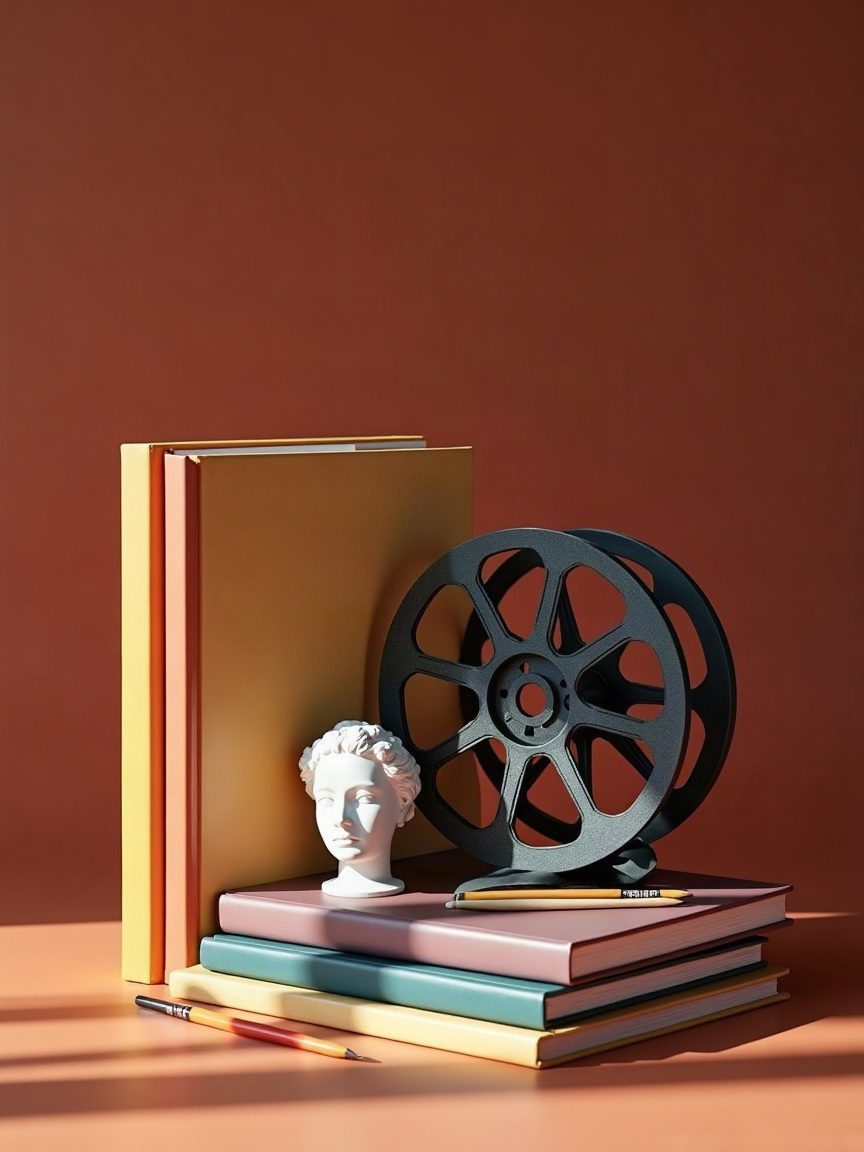 Sanat kitapları, film makarası ve alçı büst